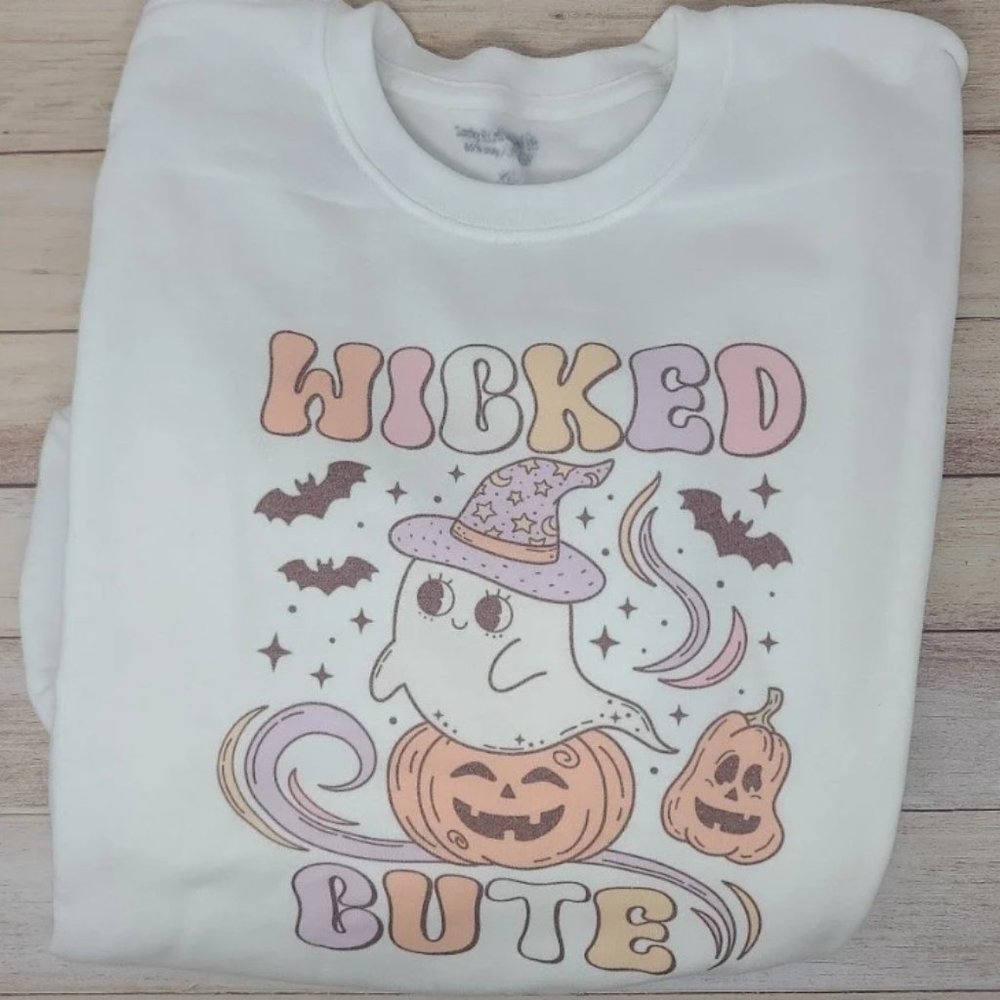 Women Wicked Cute Ghost Pumpkin Halloween Long Sleeve White Sweatshirt Size XL